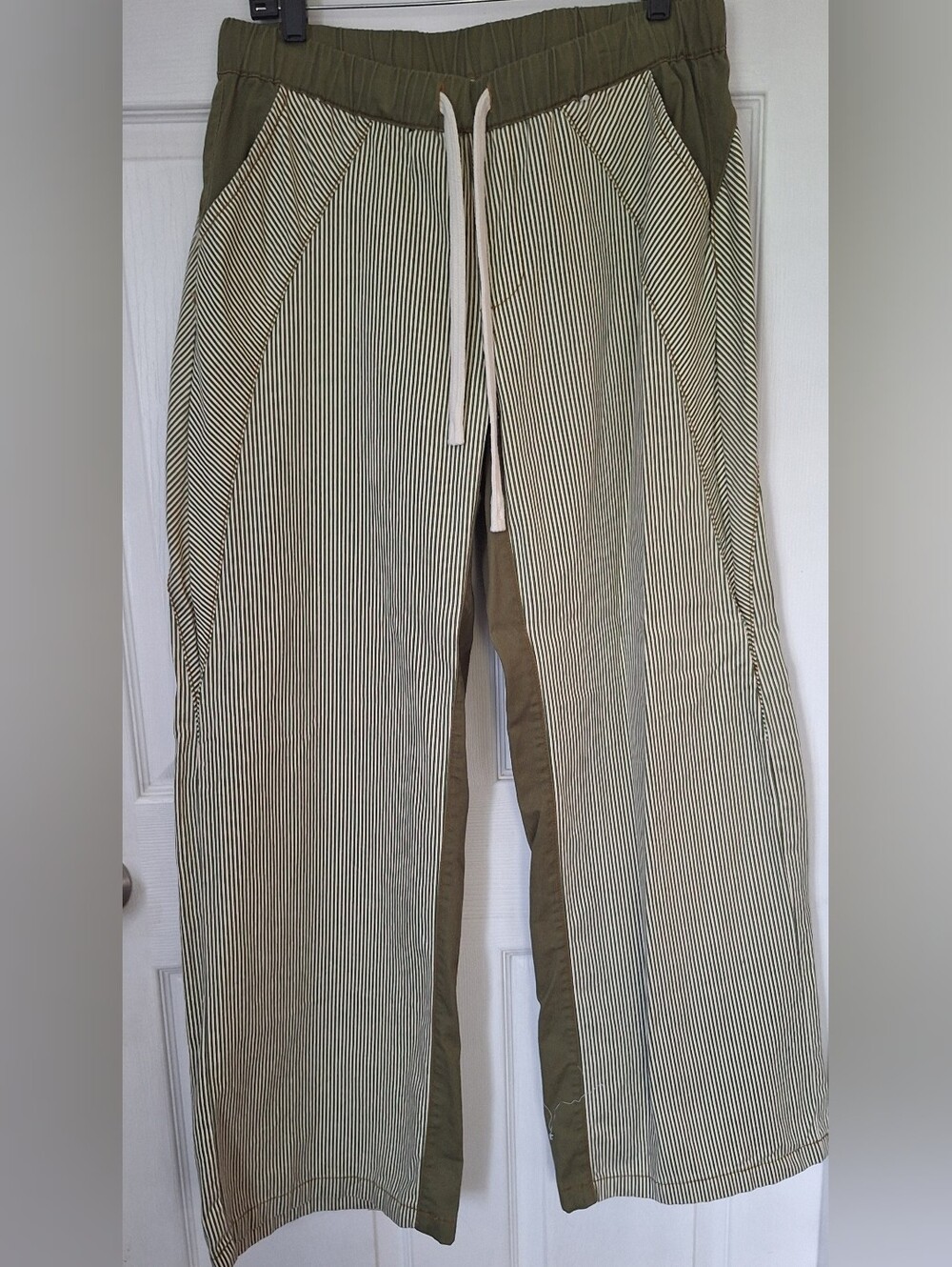 Olive Green Striped Cotton Pull-On Pants – Size Large, Wide Leg Boho